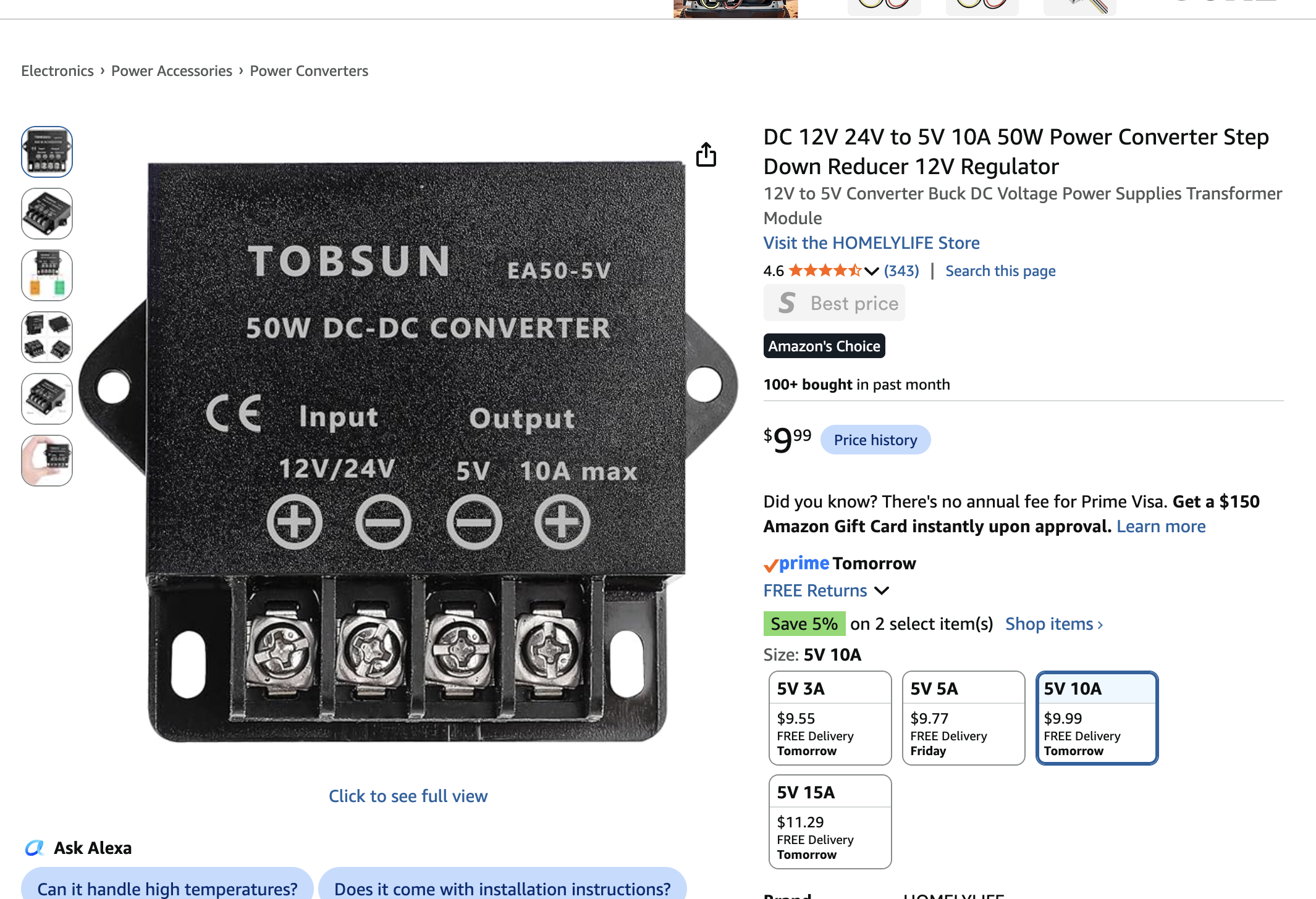 Screenshot of a TOBSUN EA50-5V 24 V to 5 V, 10 A DC-DC converter product listing